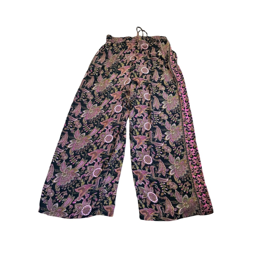Republic Clothing Paisley Floral Wide Leg Pants Pink Black Boho Tassel Small